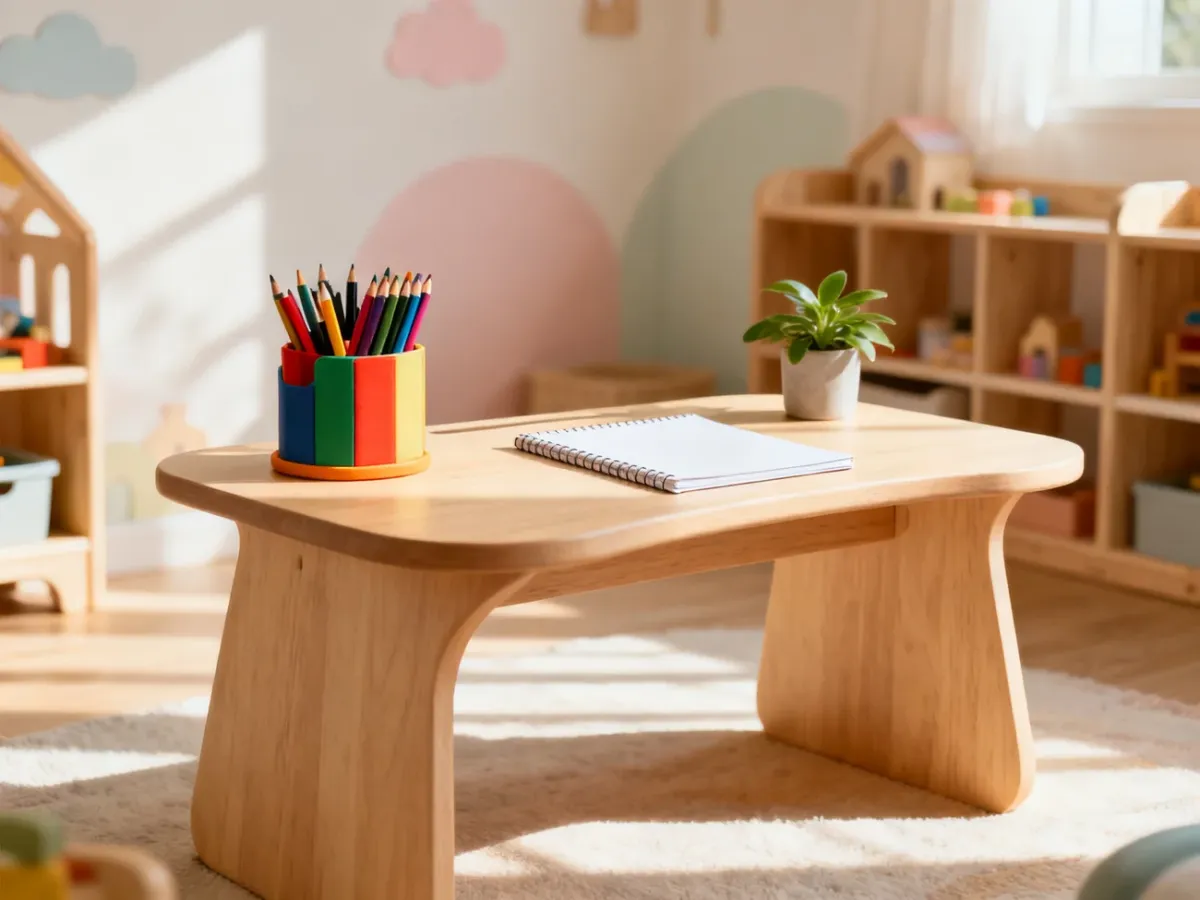 Nowoczesne, ergonomiczne biurko z jasnego drewna w przytulnym pokoju dziecięcym, przygotowane do nauki i rysowania.