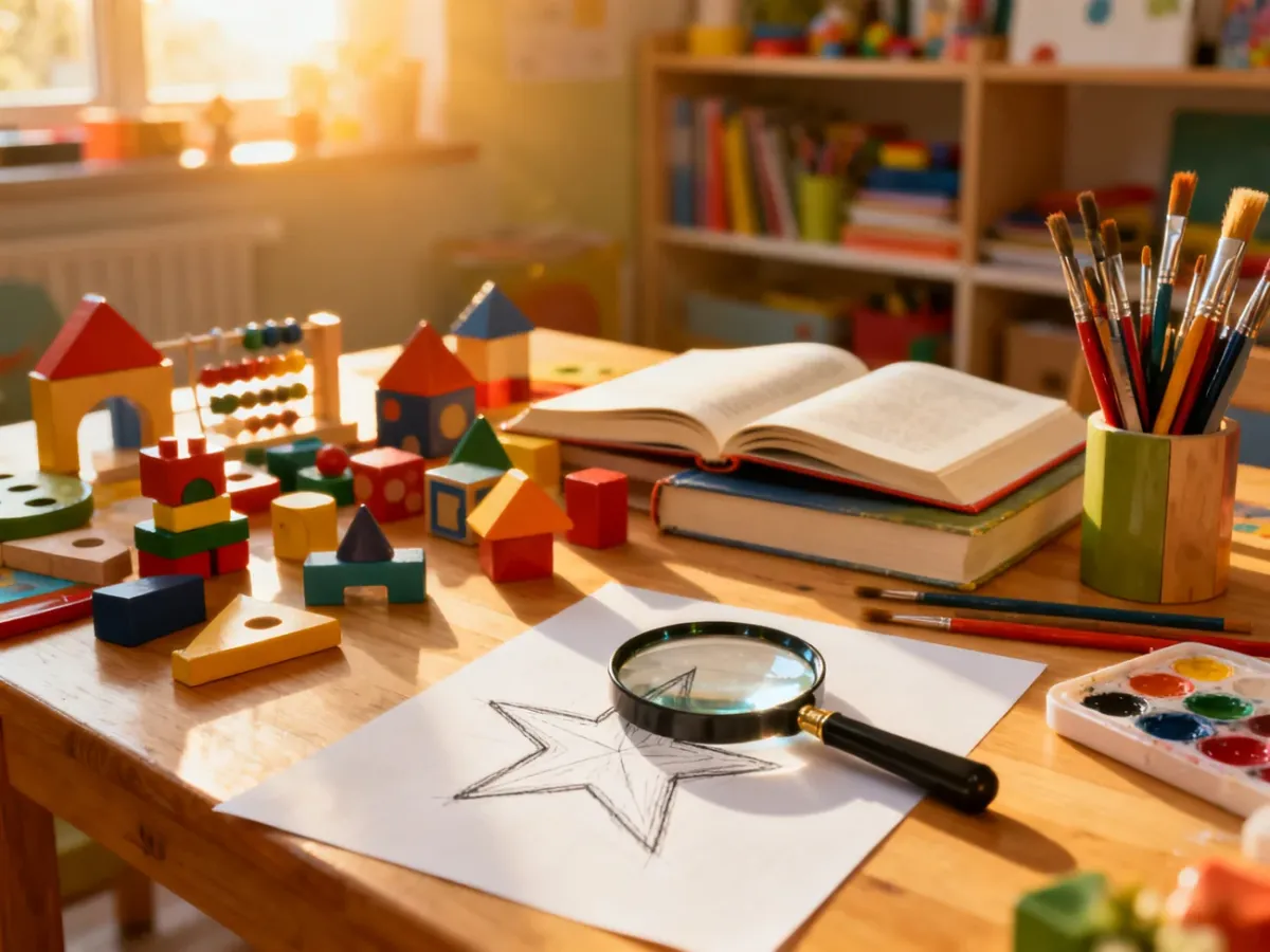 Stół z edukacyjnymi zabawkami, książkami i przyborami plastycznymi, symbolizujący rozwijanie dziecięcych pasji i talentów.