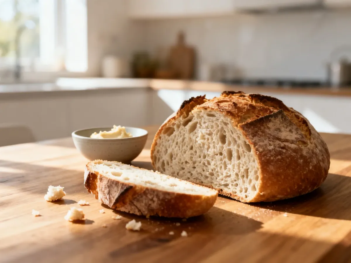 Świeży bochenek chleba na zakwasie z miseczką pasty na drewnianym stole, zachęcający do wspólnego posiłku.